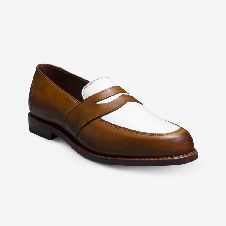 Allen Edmonds Randolph Spectator Penny Loafer Walnut/White Leather J01z4plY - Click Image to Close